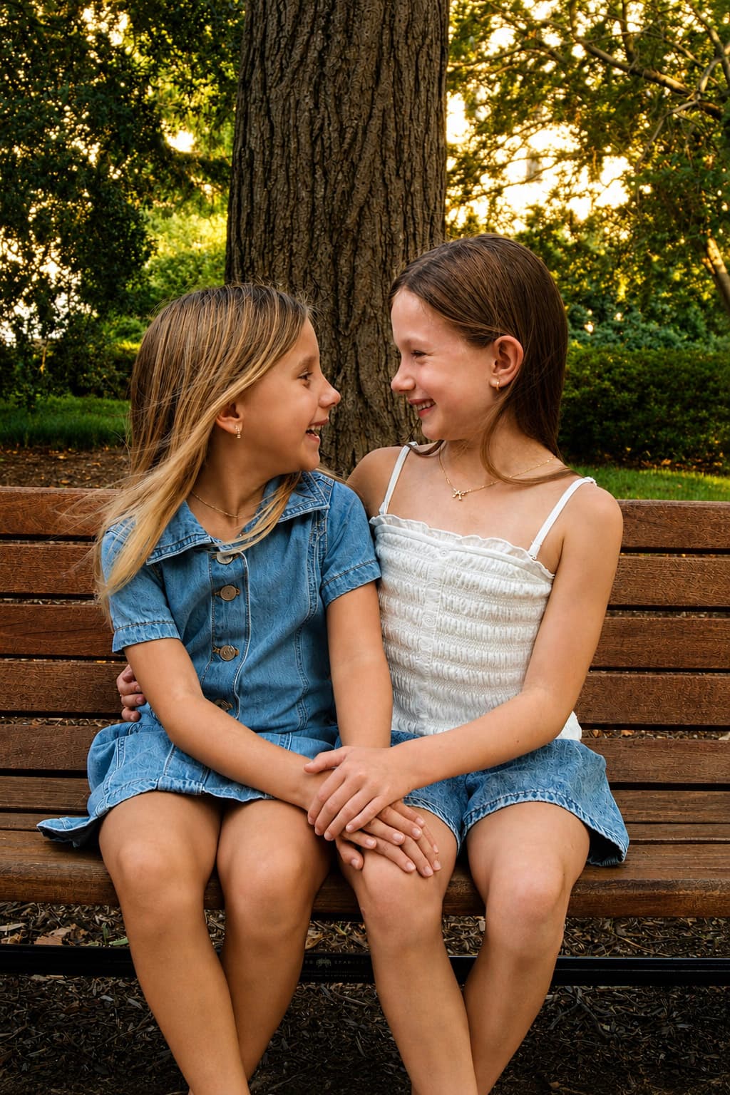 Two sisters laughing together on a park bench