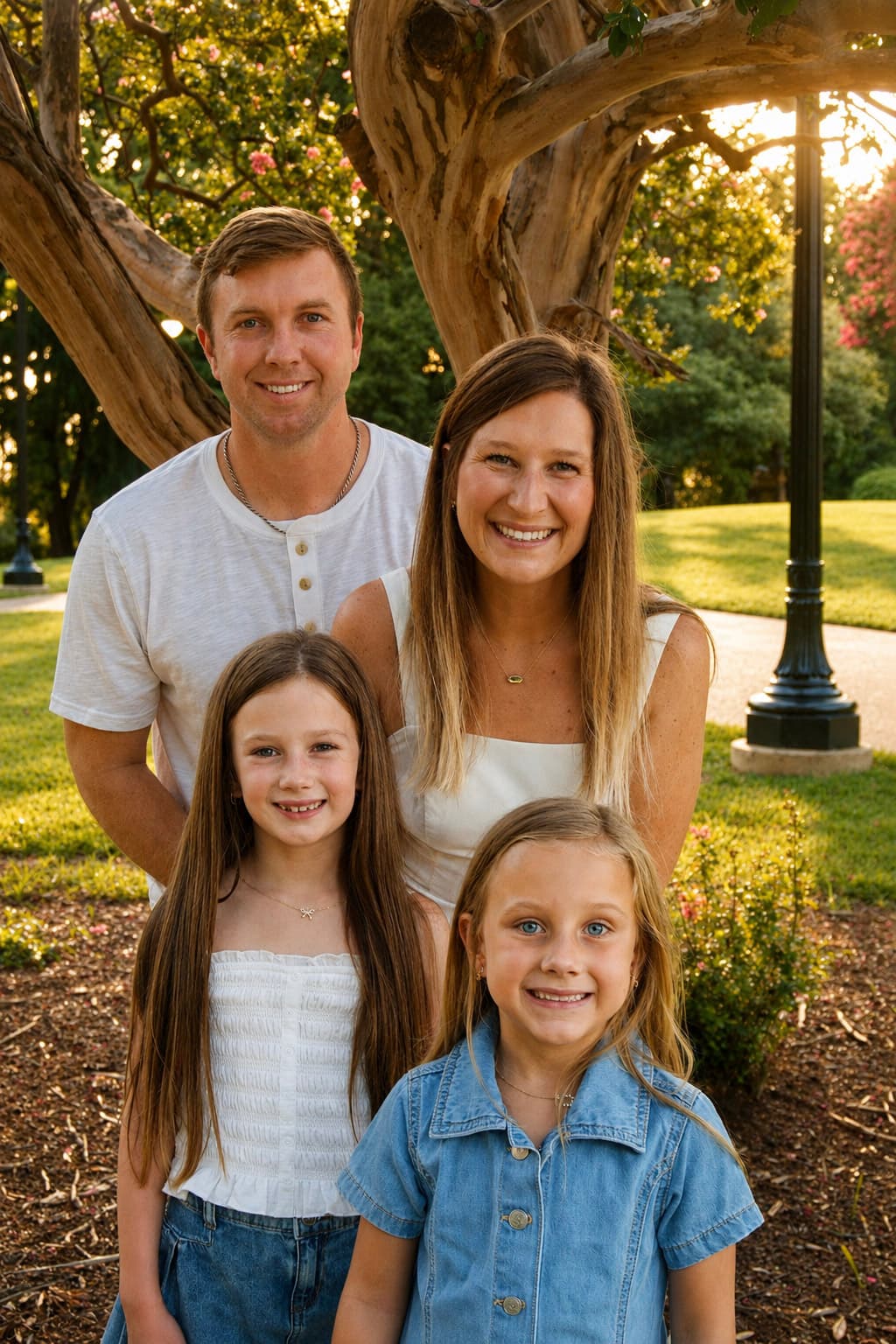 Family of four smiling together in warm evening light