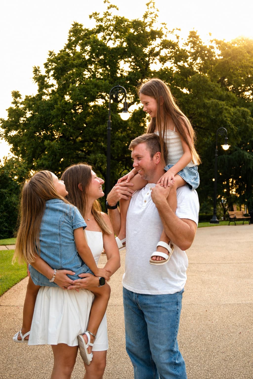 Parents carrying their daughters during a playful family portrait